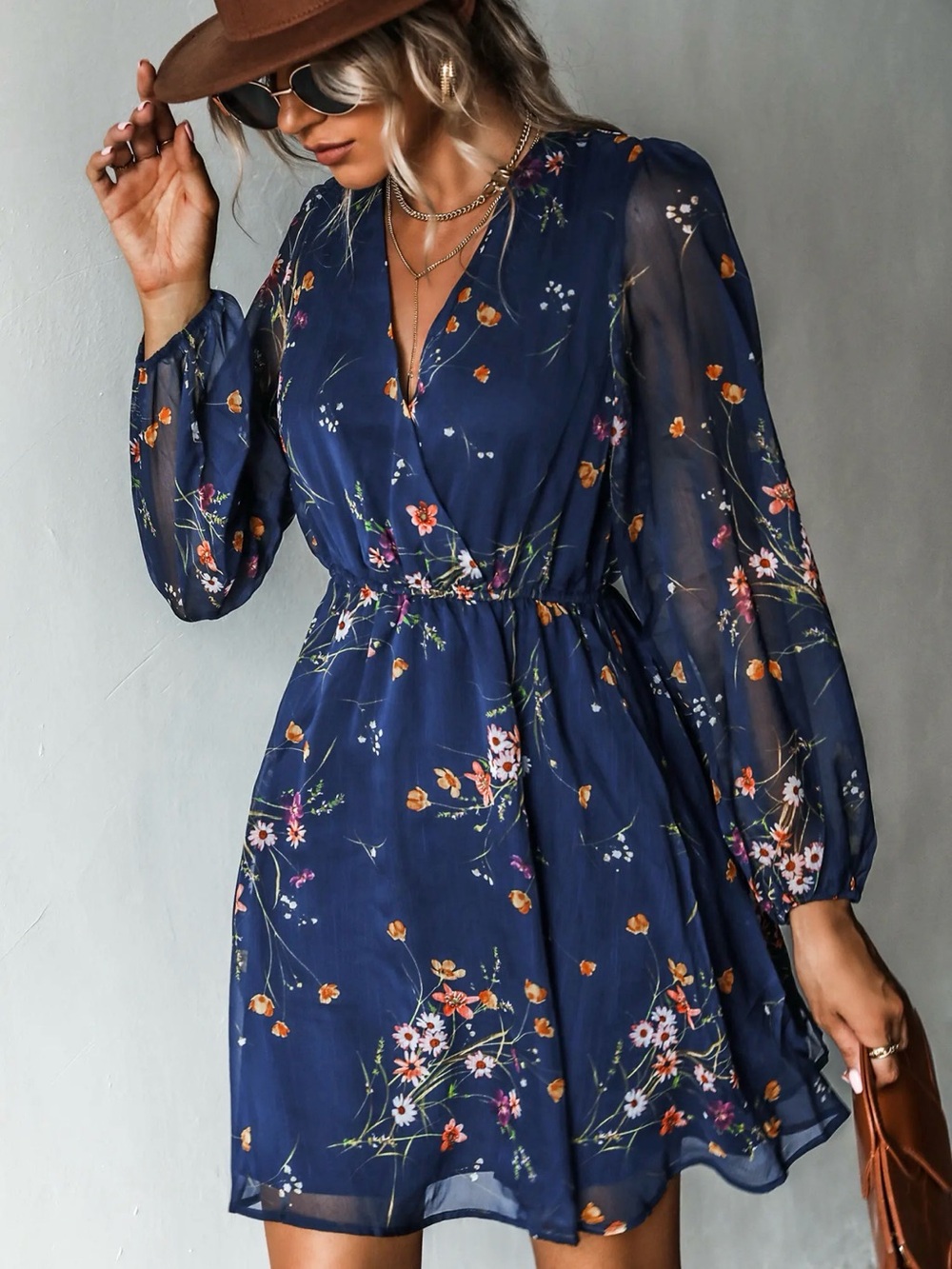 Floral Print Chiffon A-Line Mini Dress Size XL